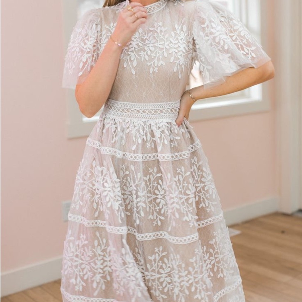 Ivy City Co Sicily Flutter Sleeve White Lace Midi Dress Small - Picture 2 of 10